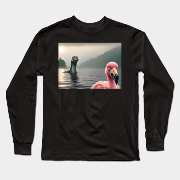 Scared flamingo standing near Loch Ness in Scotland takes selfie with Loch Ness Monster Nessie Long Sleeve T-Shirt by Luxinda