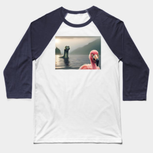 Scared flamingo standing near Loch Ness in Scotland takes selfie with Loch Ness Monster Nessie Baseball T-Shirt