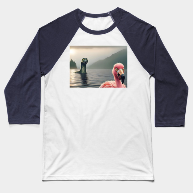 Scared flamingo standing near Loch Ness in Scotland takes selfie with Loch Ness Monster Nessie Baseball T-Shirt by Luxinda
