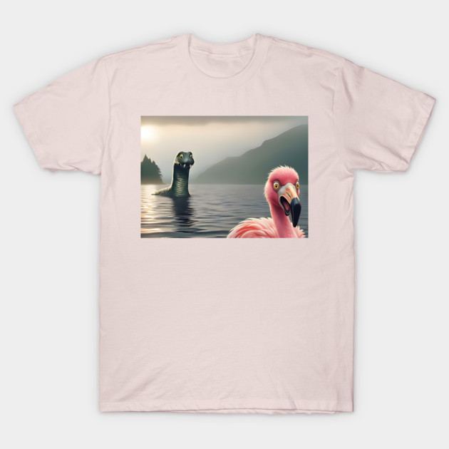 Scared flamingo standing near Loch Ness in Scotland takes selfie with Loch Ness Monster Nessie T-Shirt by Luxinda