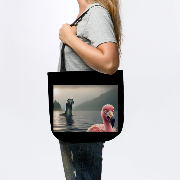 Scared flamingo standing near Loch Ness in Scotland takes selfie with Loch Ness Monster Nessie by Luxinda