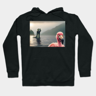 Scared flamingo standing near Loch Ness in Scotland takes selfie with Loch Ness Monster Nessie Hoodie