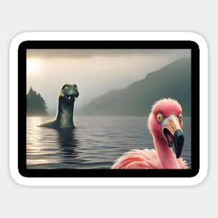Scared flamingo standing near Loch Ness in Scotland takes selfie with Loch Ness Monster Nessie Magnet