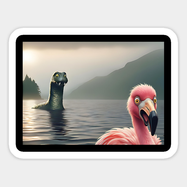 Scared flamingo standing near Loch Ness in Scotland takes selfie with Loch Ness Monster Nessie Magnet by Luxinda