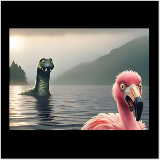 Scared flamingo standing near Loch Ness in Scotland takes selfie with Loch Ness Monster Nessie Posters and Art