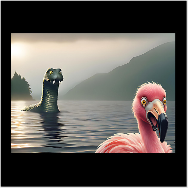 Scared flamingo standing near Loch Ness in Scotland takes selfie with Loch Ness Monster Nessie Wall Art by Luxinda