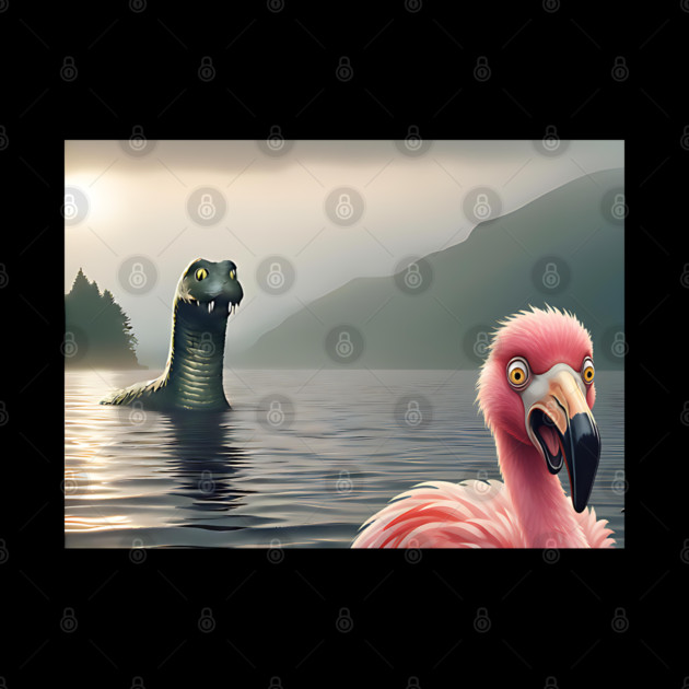 Scared flamingo standing near Loch Ness in Scotland takes selfie with Loch Ness Monster Nessie by Luxinda