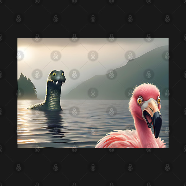 Scared flamingo standing near Loch Ness in Scotland takes selfie with Loch Ness Monster Nessie by Luxinda