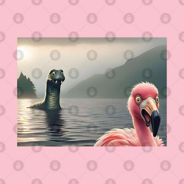 Scared flamingo standing near Loch Ness in Scotland takes selfie with Loch Ness Monster Nessie by Luxinda