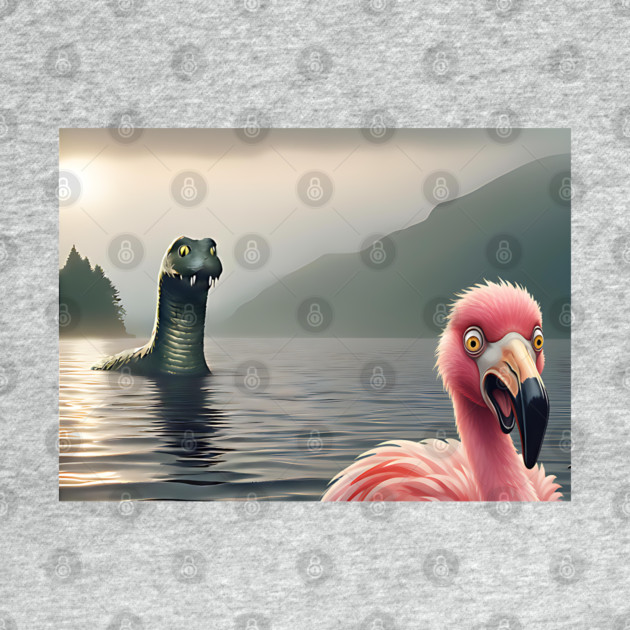 Scared flamingo standing near Loch Ness in Scotland takes selfie with Loch Ness Monster Nessie by Luxinda