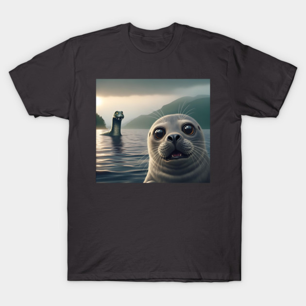Scared seal near Loch Ness in Scotland takes selfie with Loch Ness Monster Nessie T-Shirt by Luxinda