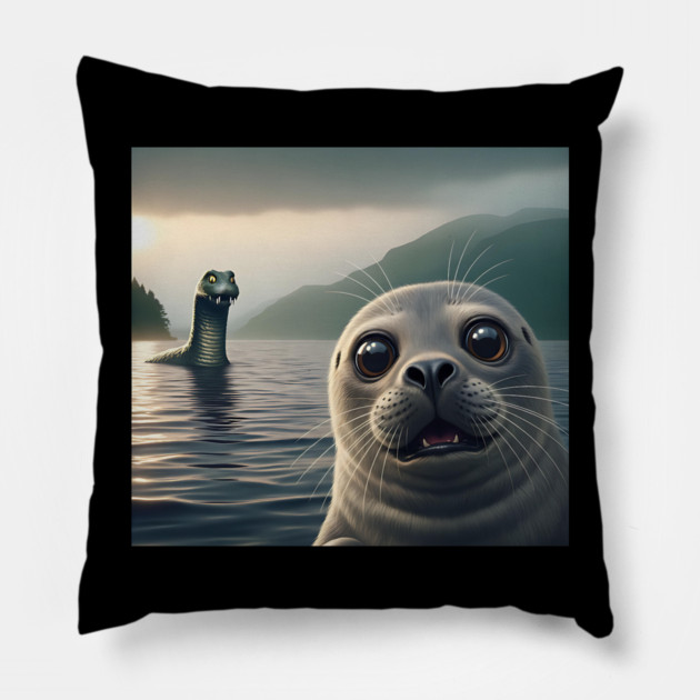 Scared seal near Loch Ness in Scotland takes selfie with Loch Ness Monster Nessie Pillow by Luxinda