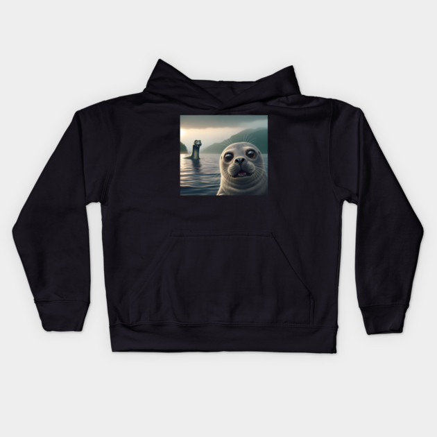 Scared seal near Loch Ness in Scotland takes selfie with Loch Ness Monster Nessie Kids Hoodie by Luxinda