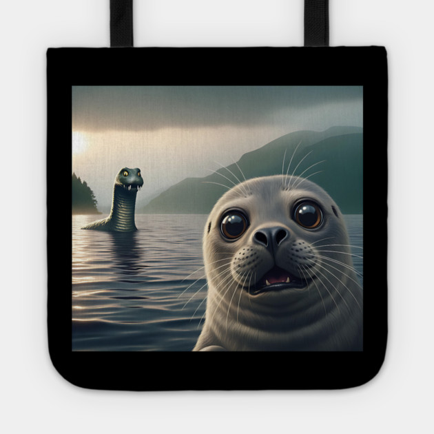 Scared seal near Loch Ness in Scotland takes selfie with Loch Ness Monster Nessie Tote by Luxinda