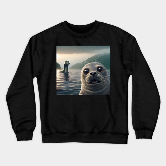 Scared seal near Loch Ness in Scotland takes selfie with Loch Ness Monster Nessie Crewneck Sweatshirt by Luxinda