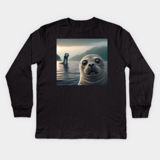 Scared seal near Loch Ness in Scotland takes selfie with Loch Ness Monster Nessie Kids Long Sleeve T-Shirt