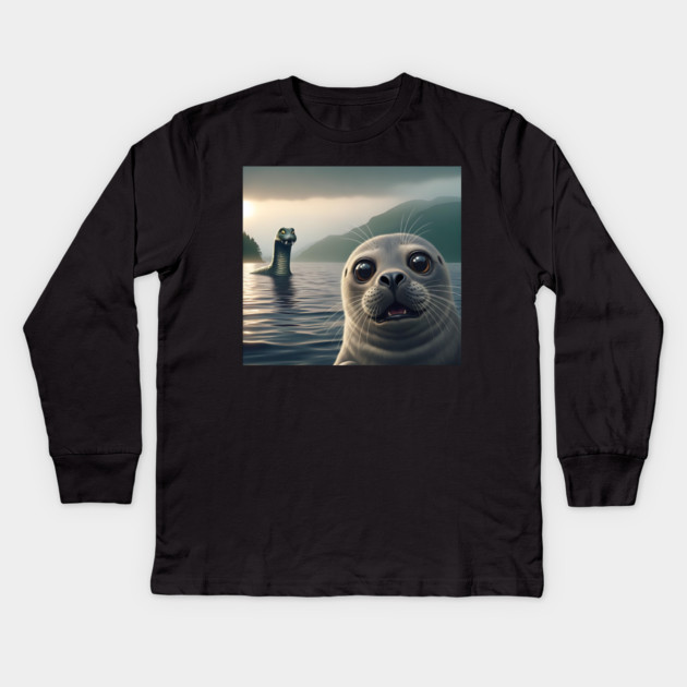Scared seal near Loch Ness in Scotland takes selfie with Loch Ness Monster Nessie Kids Long Sleeve T-Shirt by Luxinda