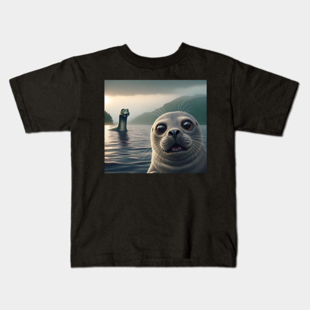 Scared seal near Loch Ness in Scotland takes selfie with Loch Ness Monster Nessie Kids T-Shirt by Luxinda