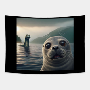 Scared seal near Loch Ness in Scotland takes selfie with Loch Ness Monster Nessie Tapestry