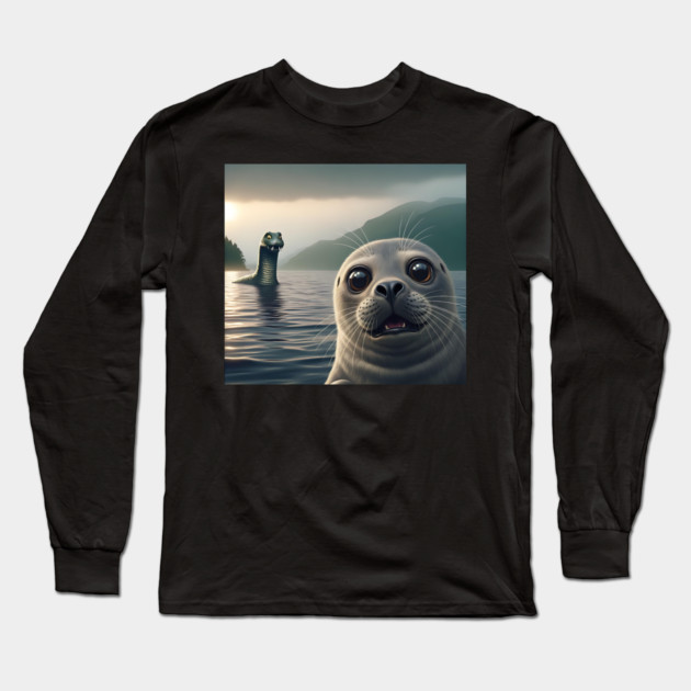 Scared seal near Loch Ness in Scotland takes selfie with Loch Ness Monster Nessie Long Sleeve T-Shirt by Luxinda