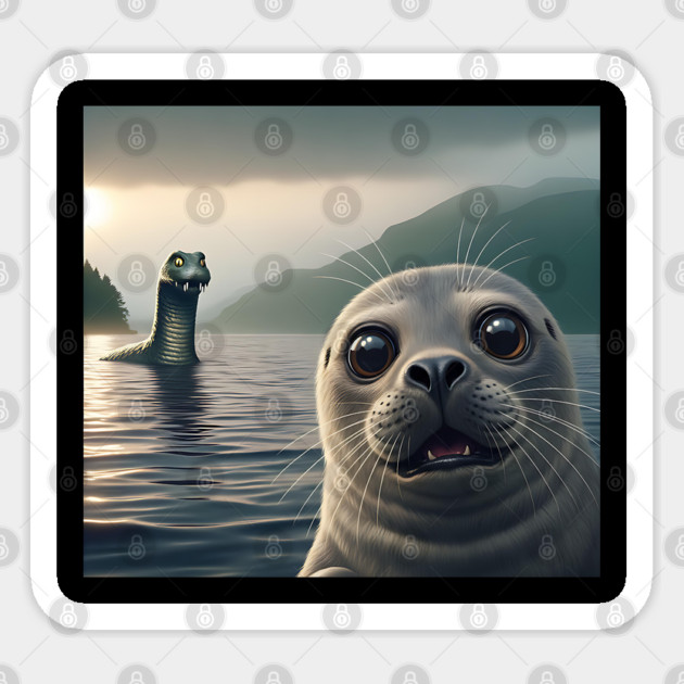 Scared seal near Loch Ness in Scotland takes selfie with Loch Ness Monster Nessie Sticker by Luxinda