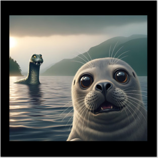 Scared seal near Loch Ness in Scotland takes selfie with Loch Ness Monster Nessie Posters and Art