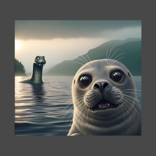 Scared seal near Loch Ness in Scotland takes selfie with Loch Ness Monster Nessie T-Shirt