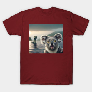 Scared koala bear standing near Loch Ness in Scotland takes selfie with Loch Ness Monster Nessie T-Shirt