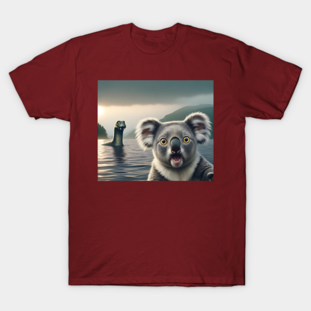Scared koala bear standing near Loch Ness in Scotland takes selfie with Loch Ness Monster Nessie T-Shirt by Luxinda