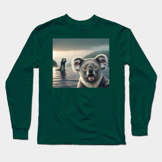 Scared koala bear standing near Loch Ness in Scotland takes selfie with Loch Ness Monster Nessie Long Sleeve T-Shirt by Luxinda