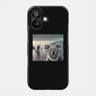 Scared koala bear standing near Loch Ness in Scotland takes selfie with Loch Ness Monster Nessie Phone Case