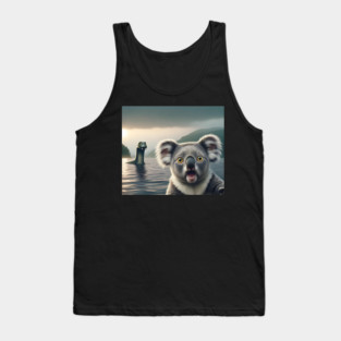 Scared koala bear standing near Loch Ness in Scotland takes selfie with Loch Ness Monster Nessie Tank Top