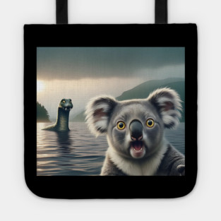 Scared koala bear standing near Loch Ness in Scotland takes selfie with Loch Ness Monster Nessie Tote