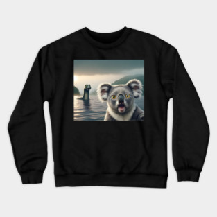 Scared koala bear standing near Loch Ness in Scotland takes selfie with Loch Ness Monster Nessie Crewneck Sweatshirt