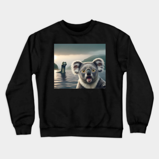 Scared koala bear standing near Loch Ness in Scotland takes selfie with Loch Ness Monster Nessie Crewneck Sweatshirt by Luxinda