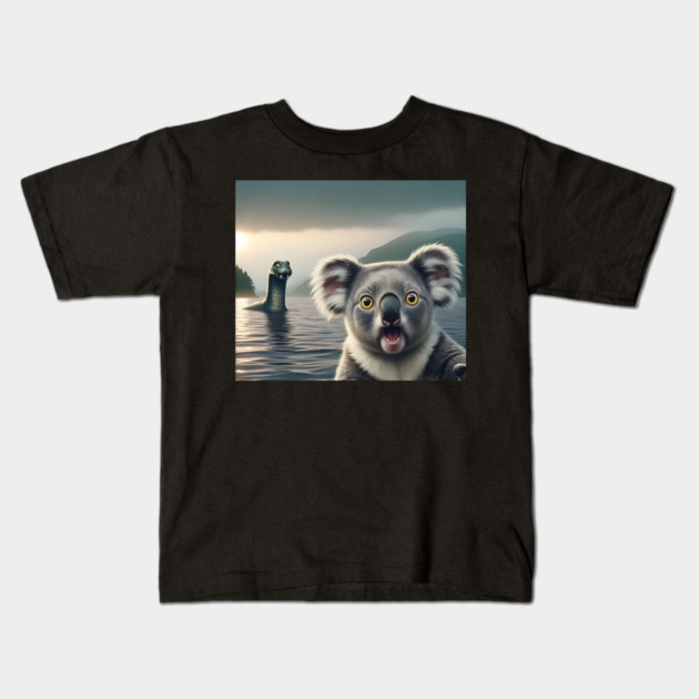 Scared koala bear standing near Loch Ness in Scotland takes selfie with Loch Ness Monster Nessie Kids T-Shirt by Luxinda