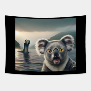 Scared koala bear standing near Loch Ness in Scotland takes selfie with Loch Ness Monster Nessie Tapestry