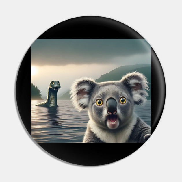 Scared koala bear standing near Loch Ness in Scotland takes selfie with Loch Ness Monster Nessie Pin by Luxinda