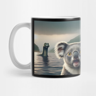 Scared koala bear standing near Loch Ness in Scotland takes selfie with Loch Ness Monster Nessie Mug