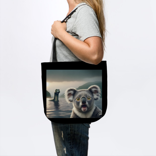 Scared koala bear standing near Loch Ness in Scotland takes selfie with Loch Ness Monster Nessie by Luxinda