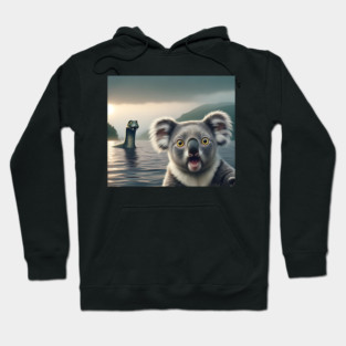Scared koala bear standing near Loch Ness in Scotland takes selfie with Loch Ness Monster Nessie Hoodie