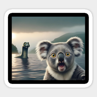 Scared koala bear standing near Loch Ness in Scotland takes selfie with Loch Ness Monster Nessie Magnet