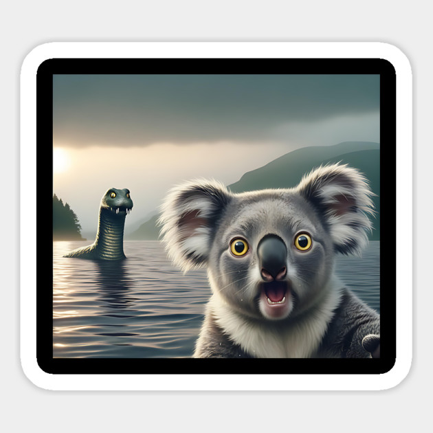 Scared koala bear standing near Loch Ness in Scotland takes selfie with Loch Ness Monster Nessie Magnet by Luxinda