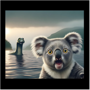 Scared koala bear standing near Loch Ness in Scotland takes selfie with Loch Ness Monster Nessie Posters and Art