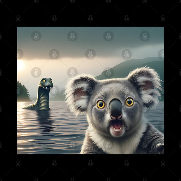 Scared koala bear standing near Loch Ness in Scotland takes selfie with Loch Ness Monster Nessie by Luxinda