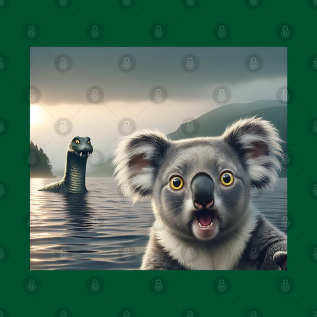 Scared koala bear standing near Loch Ness in Scotland takes selfie with Loch Ness Monster Nessie by Luxinda