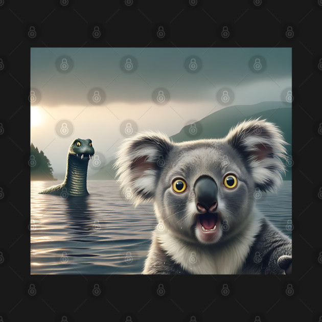 Scared koala bear standing near Loch Ness in Scotland takes selfie with Loch Ness Monster Nessie by Luxinda