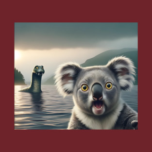 Scared koala bear standing near Loch Ness in Scotland takes selfie with Loch Ness Monster Nessie T-Shirt