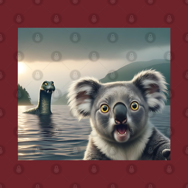 Scared koala bear standing near Loch Ness in Scotland takes selfie with Loch Ness Monster Nessie by Luxinda
