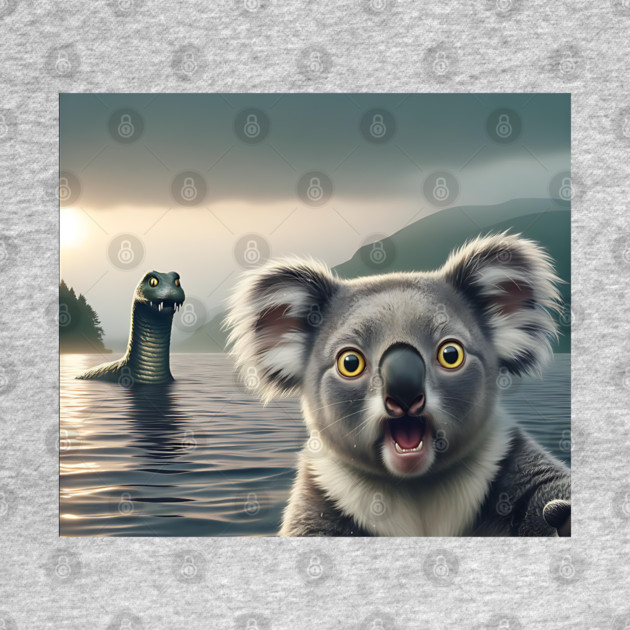 Scared koala bear standing near Loch Ness in Scotland takes selfie with Loch Ness Monster Nessie by Luxinda